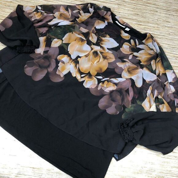 G-105 Susan Graver Liquid Knit Top with Printed Chiffon Overlay BLACK/GOLD sz XS - Picture 1 of 1